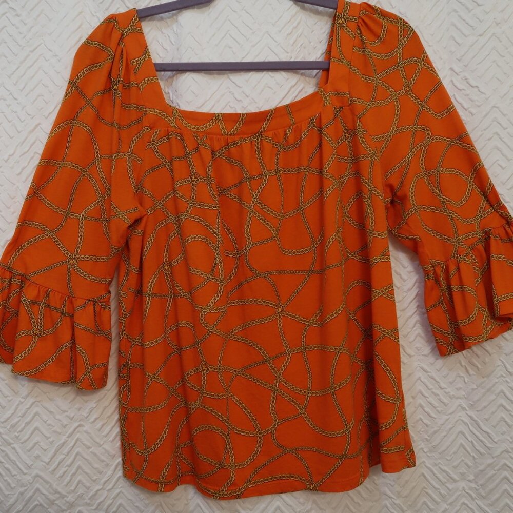 Michael Kors Logo Gold Chain Print Square Neck Top Size M